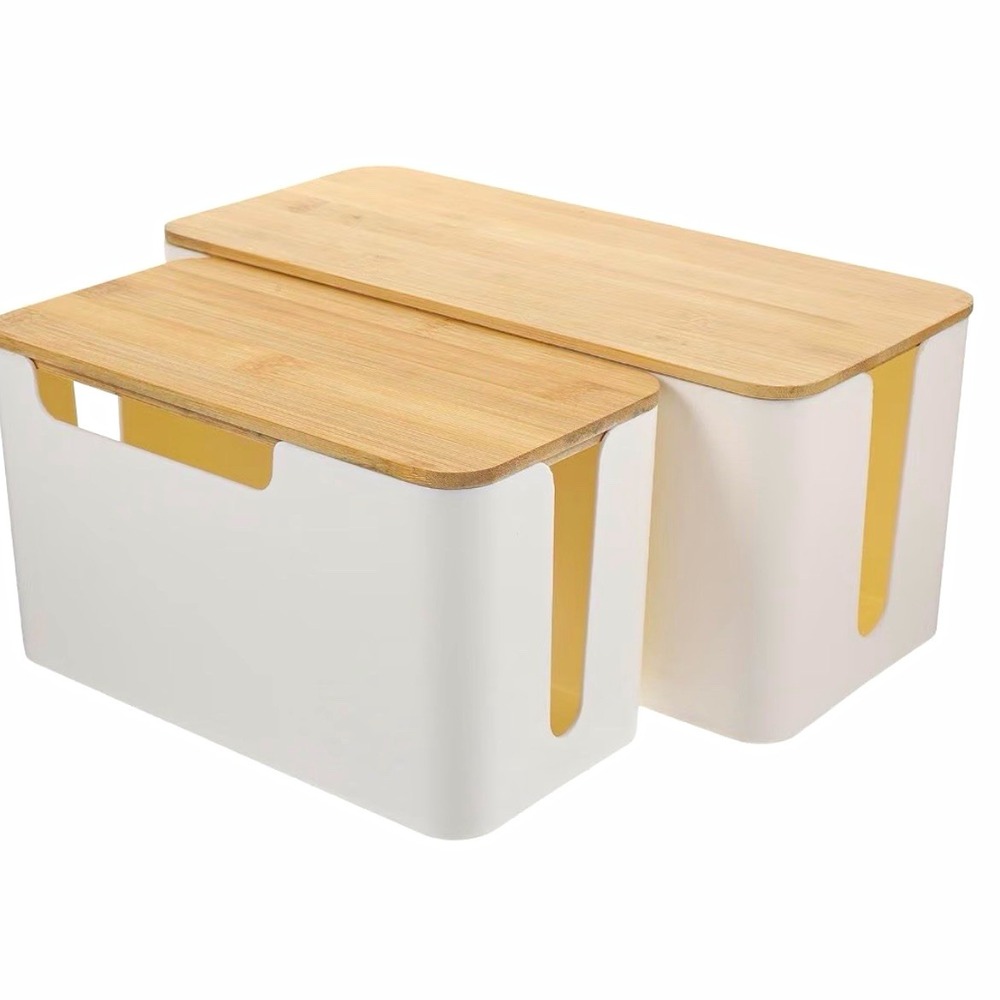 Cable Management Box Cord Organizer w/ Bamboo Lid White 12.18 x 5.58 x 5.11
